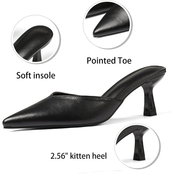 Women's Black Kitten Heels Closed Pointed Toe Stiletto Heels Black Mules - Picture 4 of 7